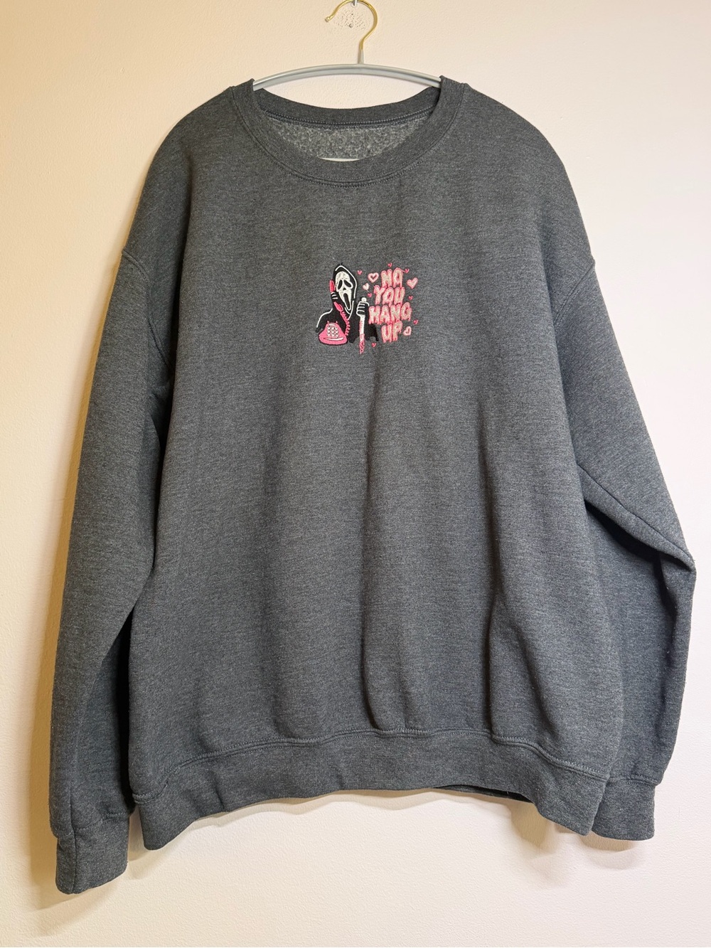 Ghostface No You Hang Up Embroidered Gray Crewneck Sweatshirt Horror